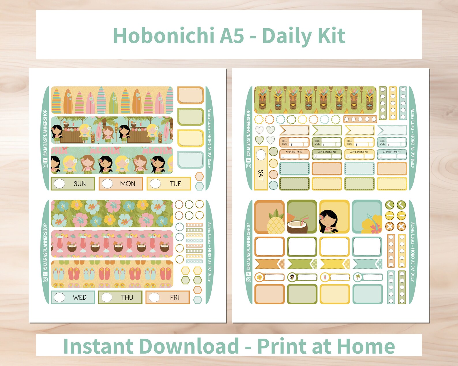 Aloha Luau - Hobonichi Cousin A5 Printable Daily Sticker Kit (ALA5HW ...