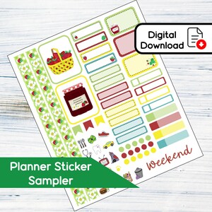 Strawberry Flowers - Kit di adesivi campione stampabili per planner - Scatole, etichette e nastro washi - Download immediato