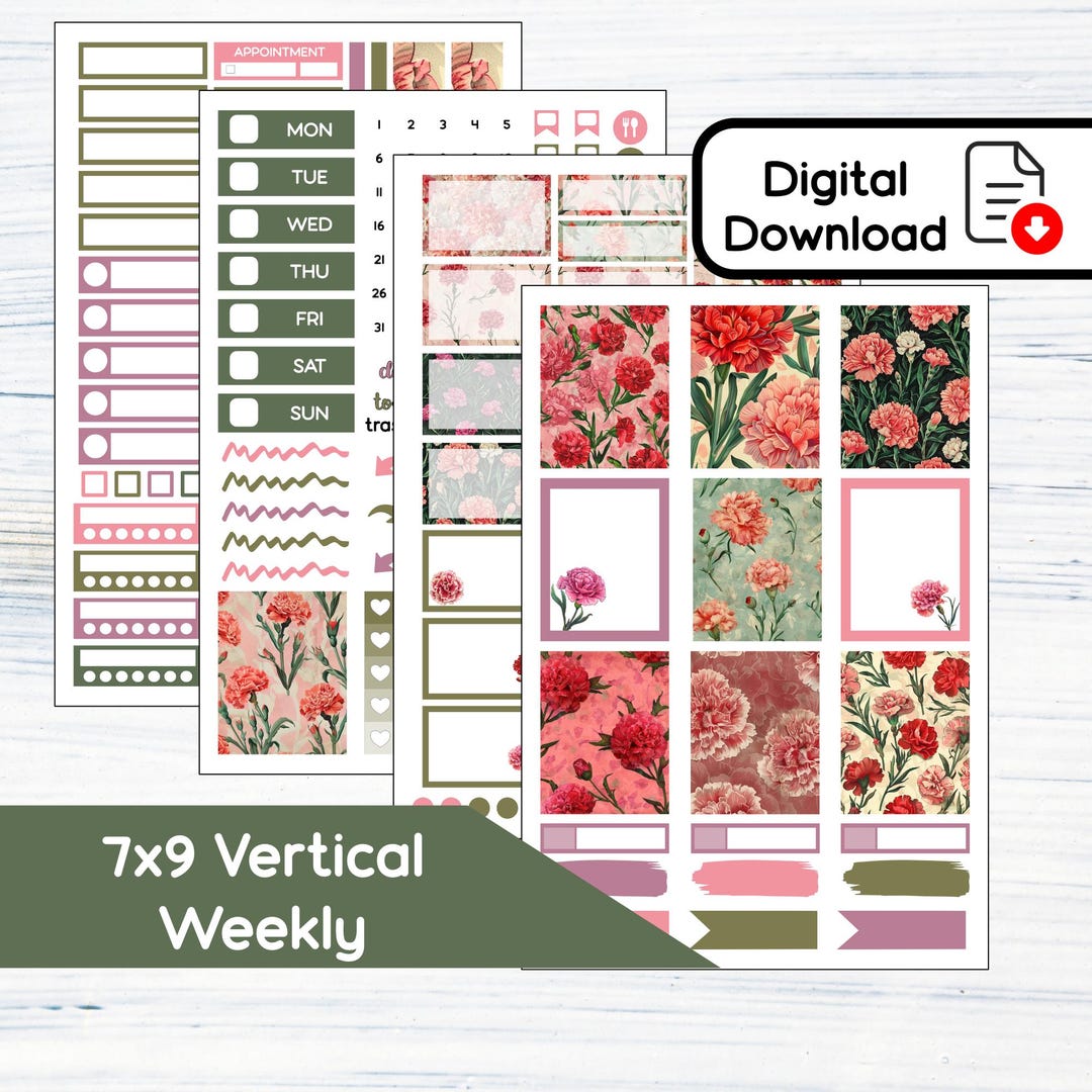 7x9 Vertical Weekly - January Carnations Printable Weekly Sticker Kit ...