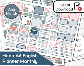 May include: A printable digital download of stickers for a monthly planner. The stickers are in shades of blue, pink, and green with a floral pattern. The stickers include boxes, circles, and other shapes. The text "Any Month" and "April" are included in the image.
