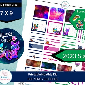 Galaxy Cats - Kit de adesivos mensais para impressão para planejadores 7x9 (GC79M) Erin Condren 2023 Dimensionamento ECLP