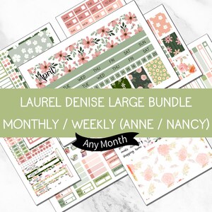May include: A collection of planner stickers with floral and geometric designs. The stickers feature a color palette of pink, green, and white. Text includes "April", "Any Month", and calendar days. The bundle is labeled "Laurel Denise Large Bundle".