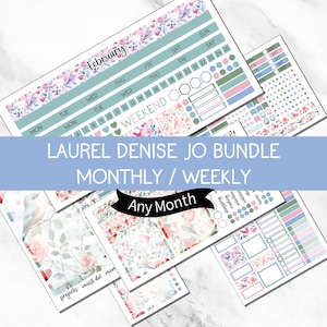 May include: A collection of planner stickers with floral and bird designs in pastel colors. The stickers include labels for days of the week, dates, and decorative elements. Text includes "February", "Weekend", and "Any Month".