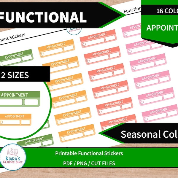 Appointment Box Functional Printable Stickers for Planners and Journals - 2 Sizes - 288 Stickers - 16 Seasonal Colors (ABFS)