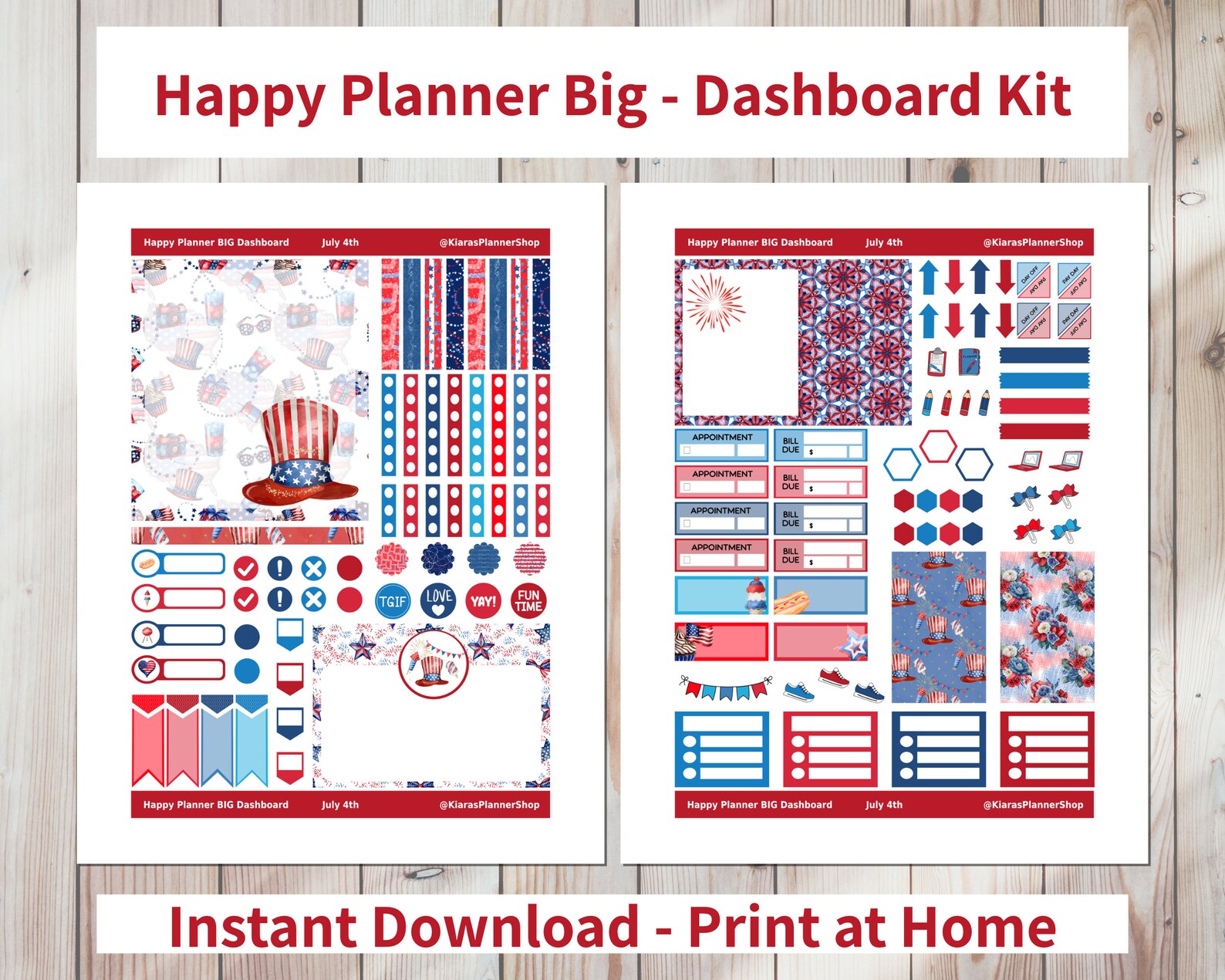 July 4th - Printable Weekly Dashboard Sticker Kit for Happy Planner BIG ...