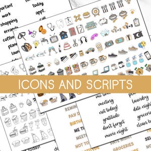 Puede incluir: Pegatinas para planificador con iconos y guiones. Las pegatinas incluyen imágenes de una taza de café, un ordenador portátil, un pastel y texto como "meeting" y "groceries". La frase "ICONS AND SCRIPTS" se muestra en una pancarta dorada.