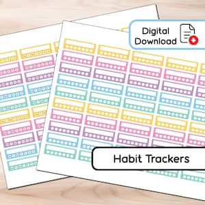 May include: Sheets of habit trackers with colorful boxes in pastel shades of yellow, pink, purple, and blue. Each box has a dotted line and space for writing. The text "Habit Trackers" and "Digital Download" are also visible.