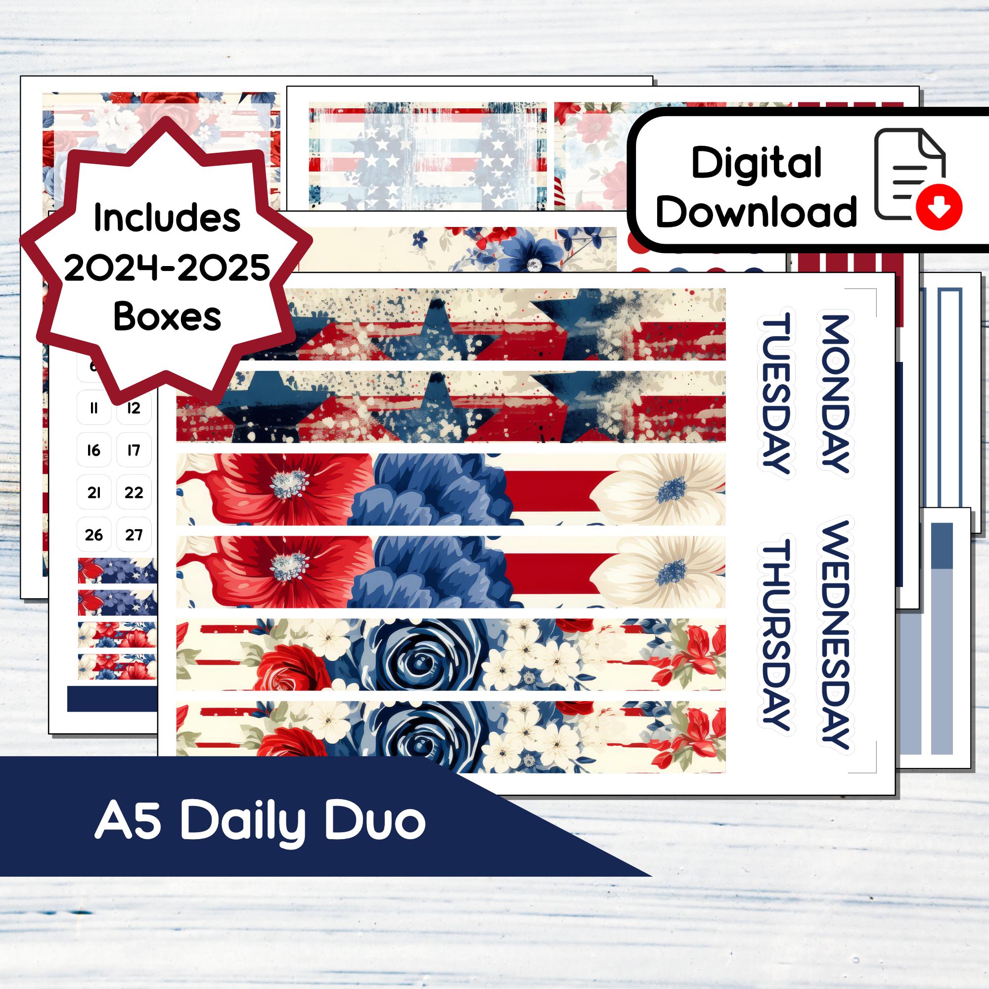 A5 Daily Duo - Patriotic Shabby Chic Printable Daily Duo Sticker Kit for A5 Planners Erin Condren - Instant Download Kit SP8