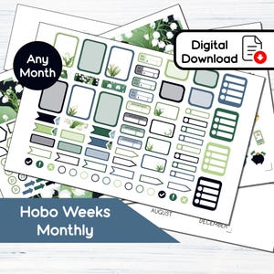 Puede incluir: Una descarga digital imprimible de pegatinas de planificador con un diseño floral verde y blanco. Las pegatinas incluyen varias formas y tamaños, incluyendo cuadros, círculos, flechas y marcas de verificación. El texto "Any Month", "Hobo Weeks Monthly", "Augusto" y "Diciembre" está incluido en las pegatinas.