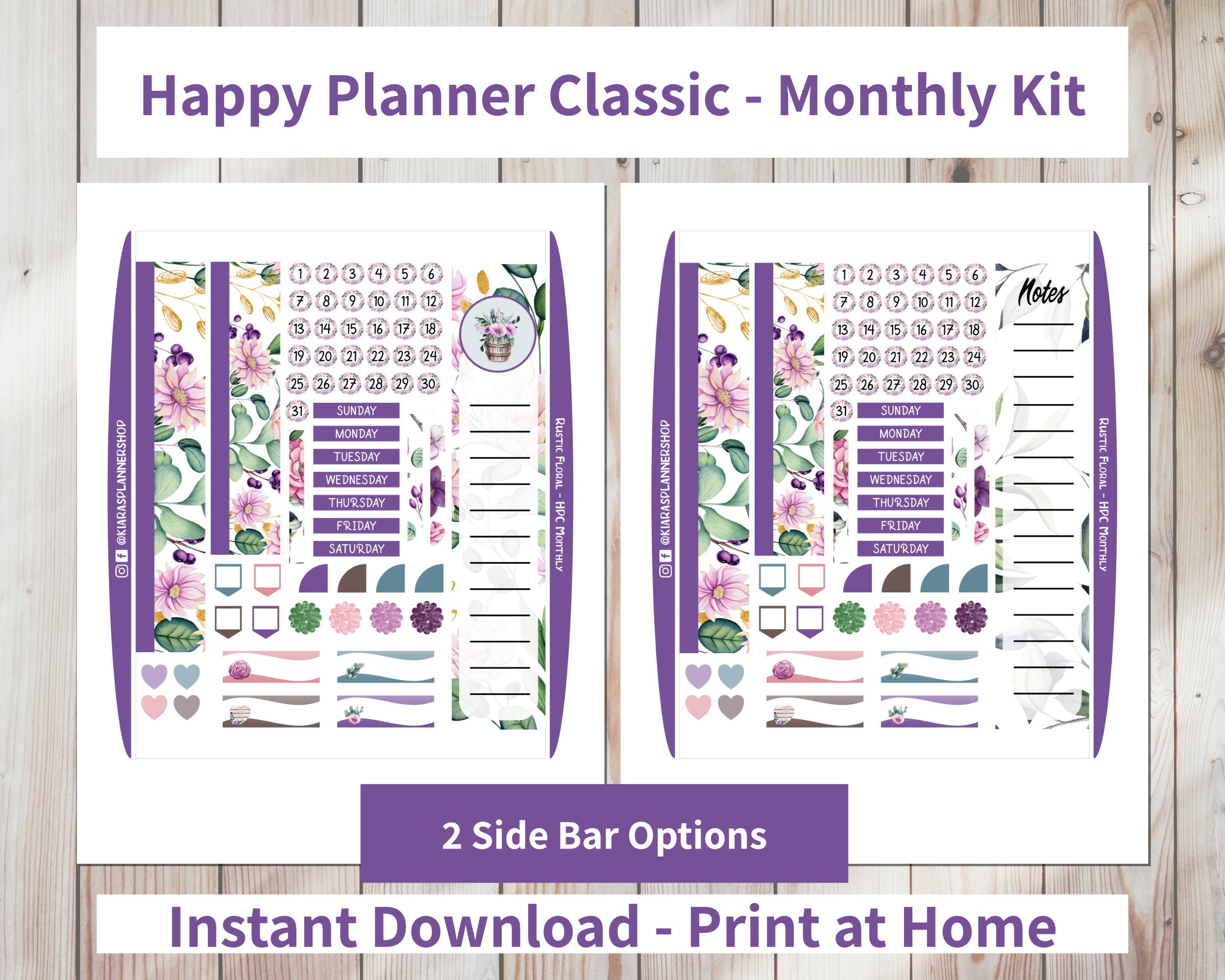 Rustic Floral - Printable Monthly Sticker Kit for Happy Planner Classic ...