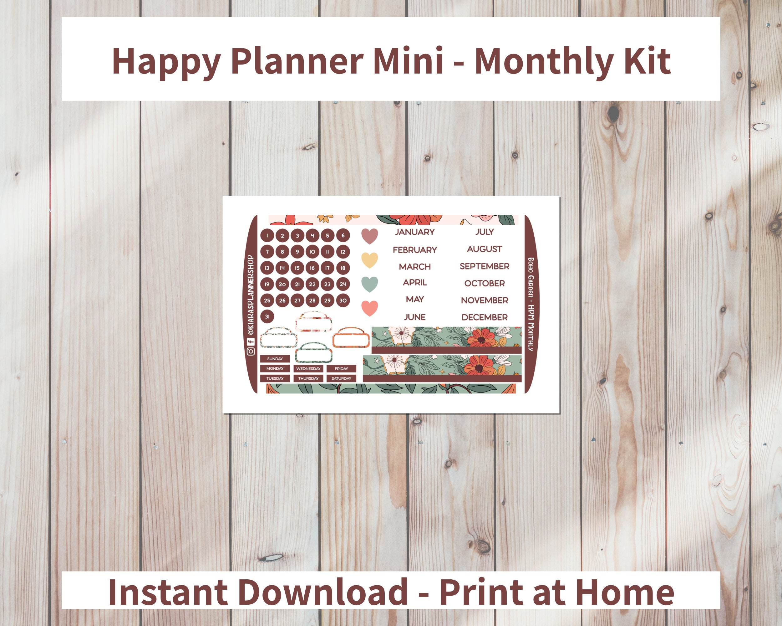 Boho Garden - Printable Monthly Sticker Kit for Happy Planner Mini ...