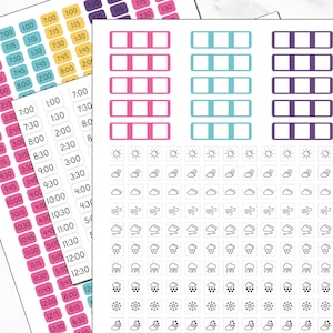 May include: A collection of sticker sheets featuring time labels in yellow, blue, and pink, alongside rectangular frames in pink, blue, and purple. The sheets also include small black and white weather icons representing sun, clouds, wind, rain, and snow.