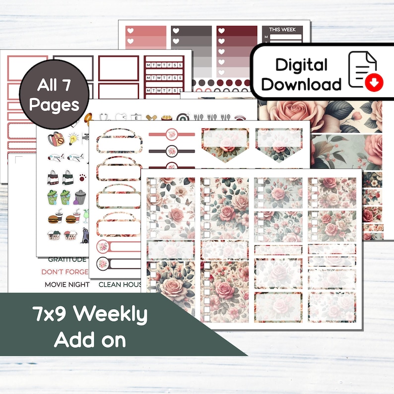 Add On Sticker 7x9 Weekly Add on - June Roses Printable Add on Sticker Kit for 7x9 ...
