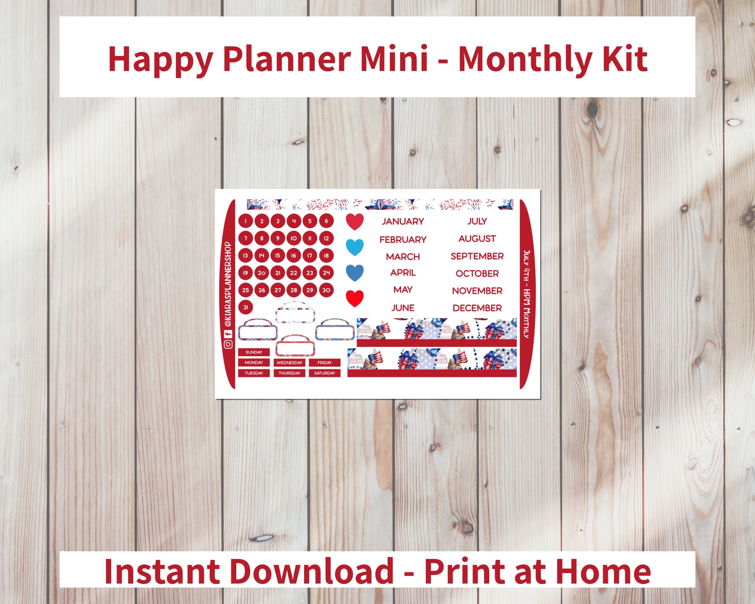 July 4th - Printable Monthly Sticker Kit for Happy Planner Mini (J4HPMM ...