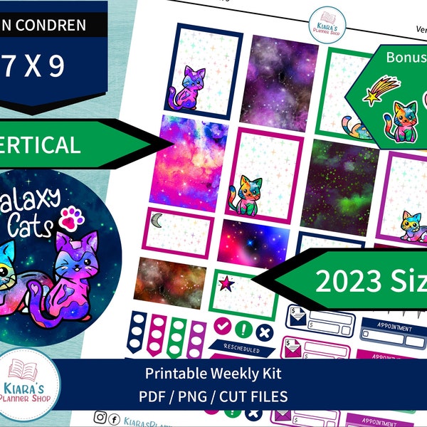 Galaxy Cats - Printable Vertical Weekly Sticker Kit for 7x9 Planners (GC79WV) Erin Condren 2023 Sizing