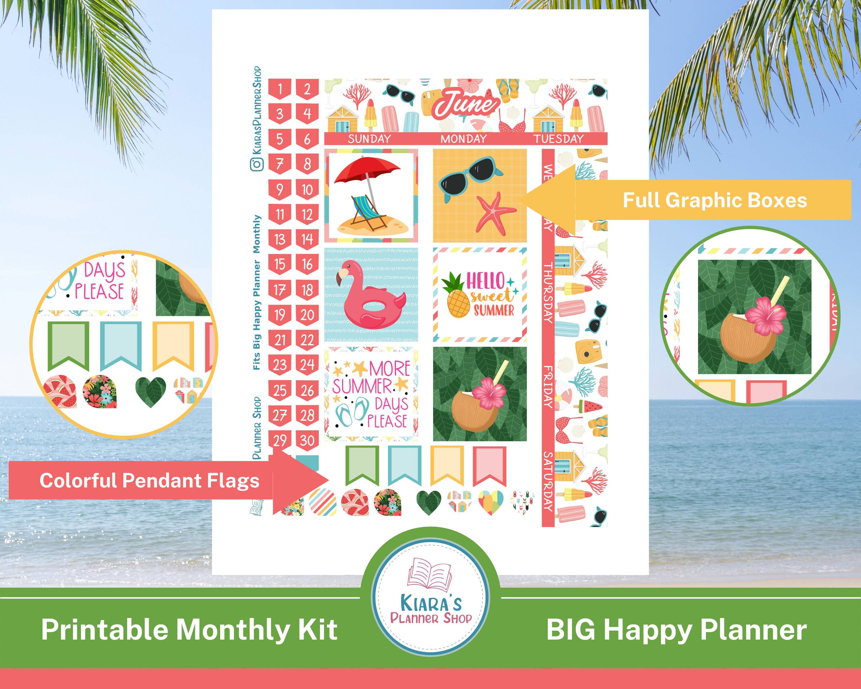 Hello Summer june Printable Monthly Planner Sticker Kit for Happy ...