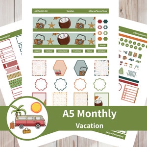 Férias - Kit de adesivos mensais para impressão para planejadores A5 (VAA5M) (5,8 x 8,3) Erin Condren ECLP
