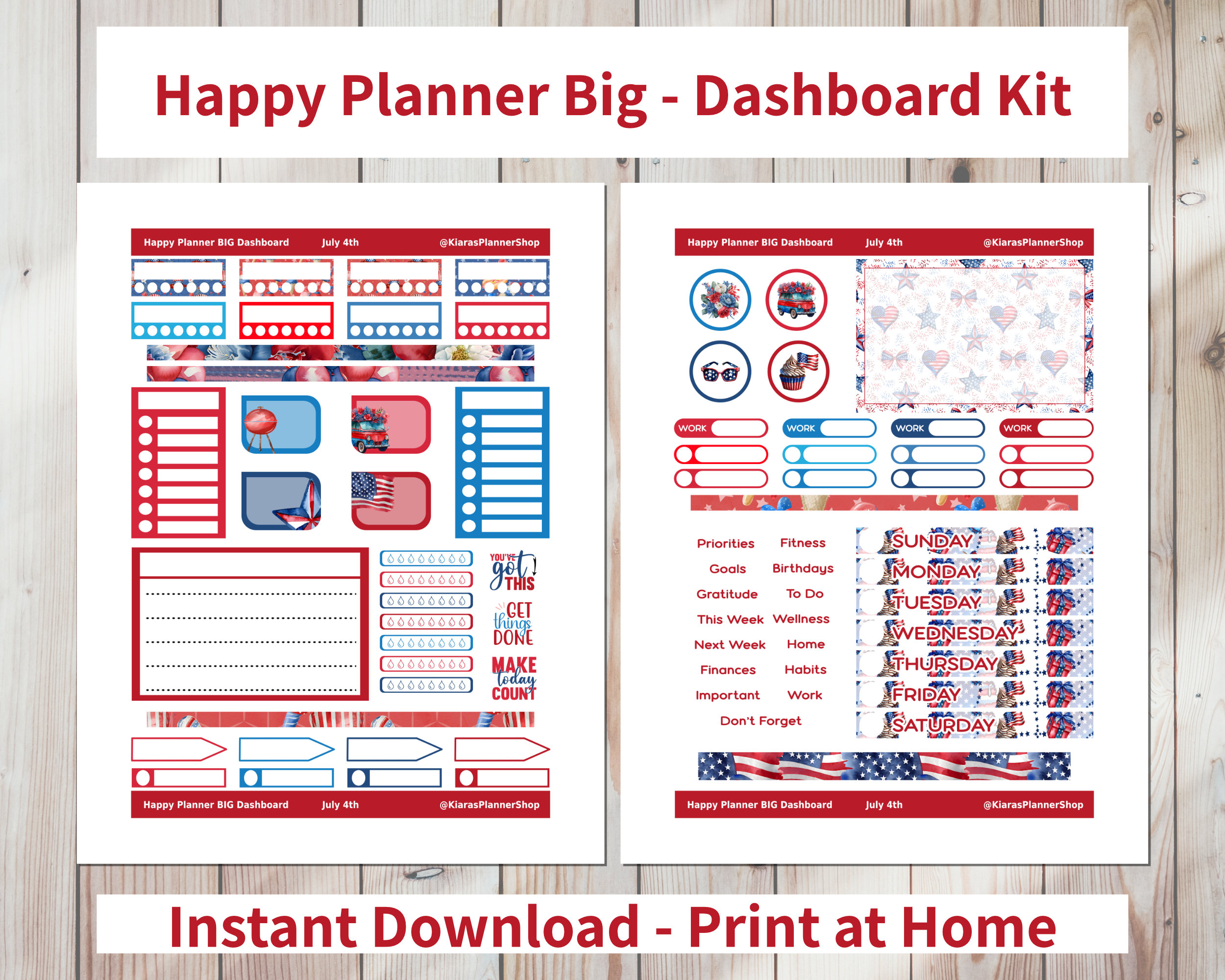 July 4th - Printable Weekly Dashboard Sticker Kit for Happy Planner BIG ...