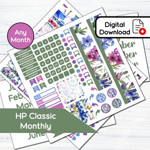 May include: A collection of planner stickers with floral designs and calendar elements. The stickers include days of the week, numbers, and decorative accents in shades of purple, blue, and green. The text "Digital Download" is visible.