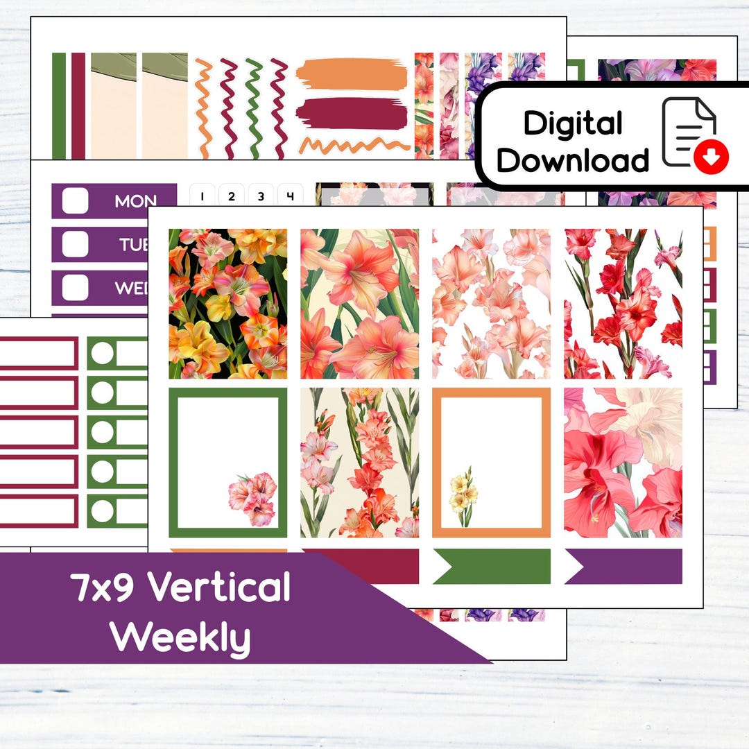 7x9 Vertical Weekly - August Gladiolus Printable Weekly Sticker Kit for ...