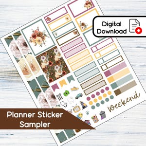 May include: A digital download planner sticker sampler with floral, geometric, and icon designs. The sampler includes a variety of stickers, including floral borders, boxes, and icons. The text "weekend" is included in the sampler.