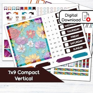 7x9 Compact Vertical - Painted Floral Printable Compact Vertical Sticker Kit for 7x9 Planners Erin Condren - Instant Download Kit SP1