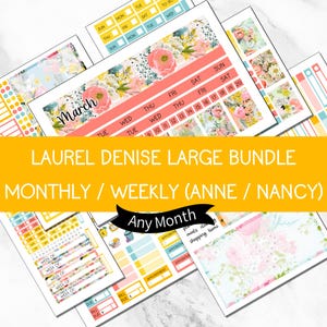 May include: A collection of planner stickers and inserts with floral designs. The stickers feature a calendar layout, with the month of March highlighted. The color palette includes pink, yellow, and blue.