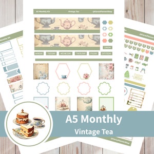 Chá Vintage - Kit de adesivos mensais para impressão para planejadores A5 (VTA5M) (5,8 x 8,3) Erin Condren ECLP