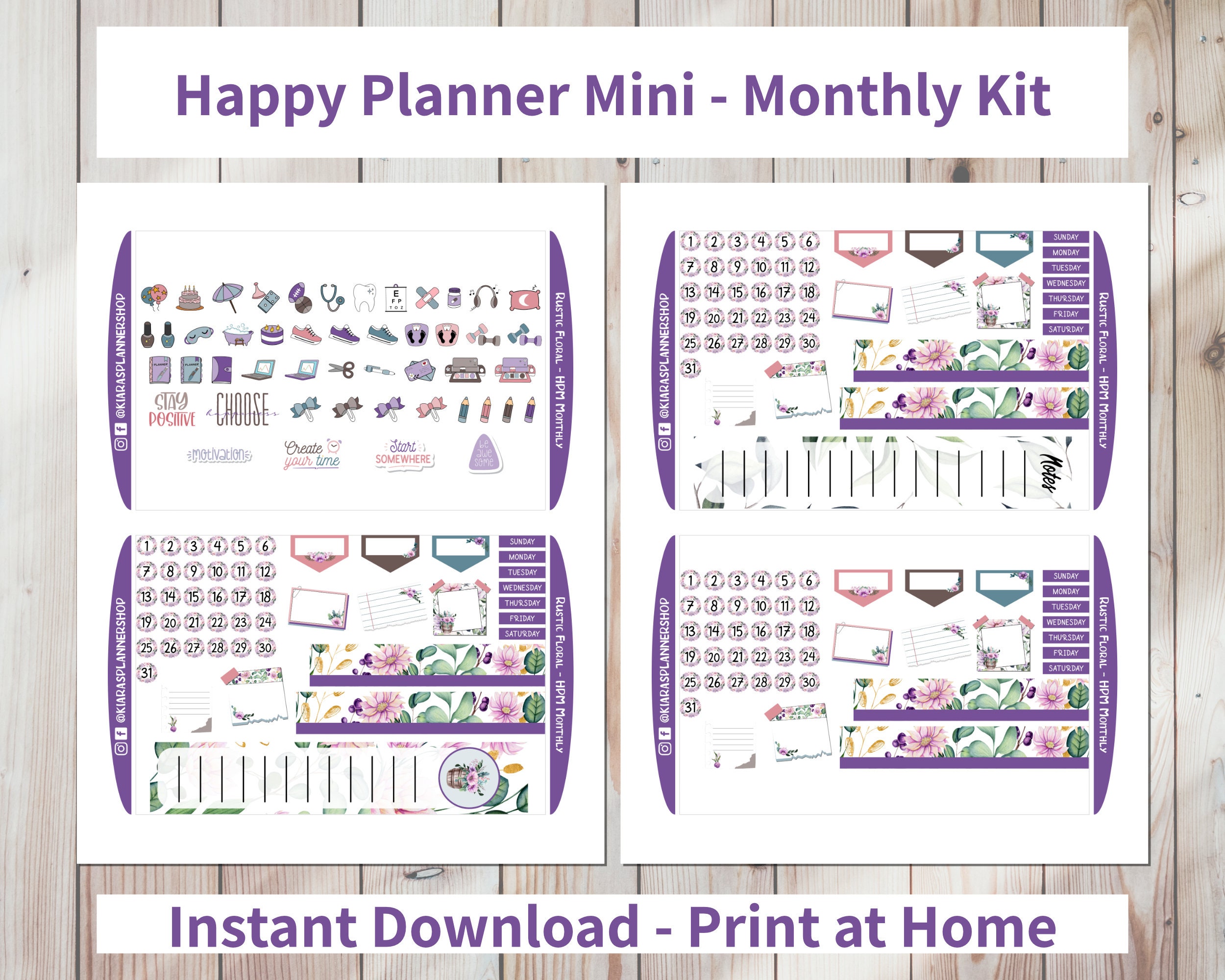 Rustic Floral - Printable Monthly Sticker Kit for Happy Planner Mini ...