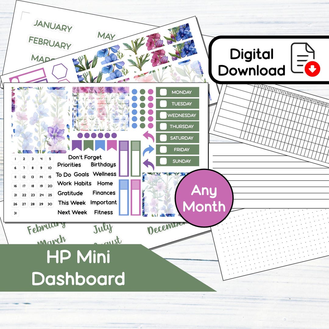 HP Mini Dashboard - July Larkspur Printable Dashboard Sticker Kit for ...