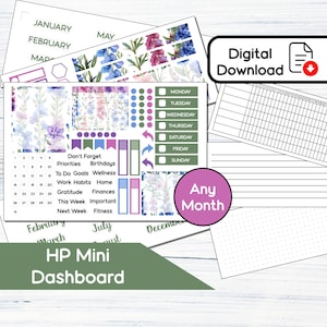 HP Mini Dashboard - July Larkspur Printable Dashboard Sticker Kit for Happy Planner Mini (4.5x7) Kit BF7