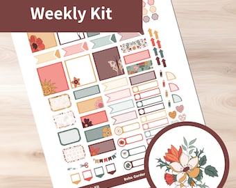 Boho Garden - Kit de pegatinas semanales imprimibles Hobonichi Cousin A5 (BGA5HW) (5,8x8,3)