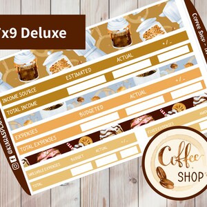 May include: A printable budget tracker kit for a coffee shop. The kit includes a 7x9 inch sheet with sections for income, expenses, and a budget breakdown. The sheet is decorated with coffee-themed illustrations.