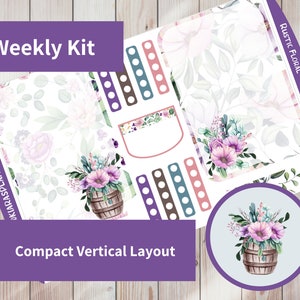 May include: A weekly planner kit with a compact vertical layout. The kit features a floral design with pink flowers and green leaves. The text "RUSTIC FLORAL - EC A5 WEEKLY KIT" is visible in the upper right corner. The text "Weekly Kit" is visible in the upper left corner. The text "Compact Vertical Layout" is visible in the lower left corner.
