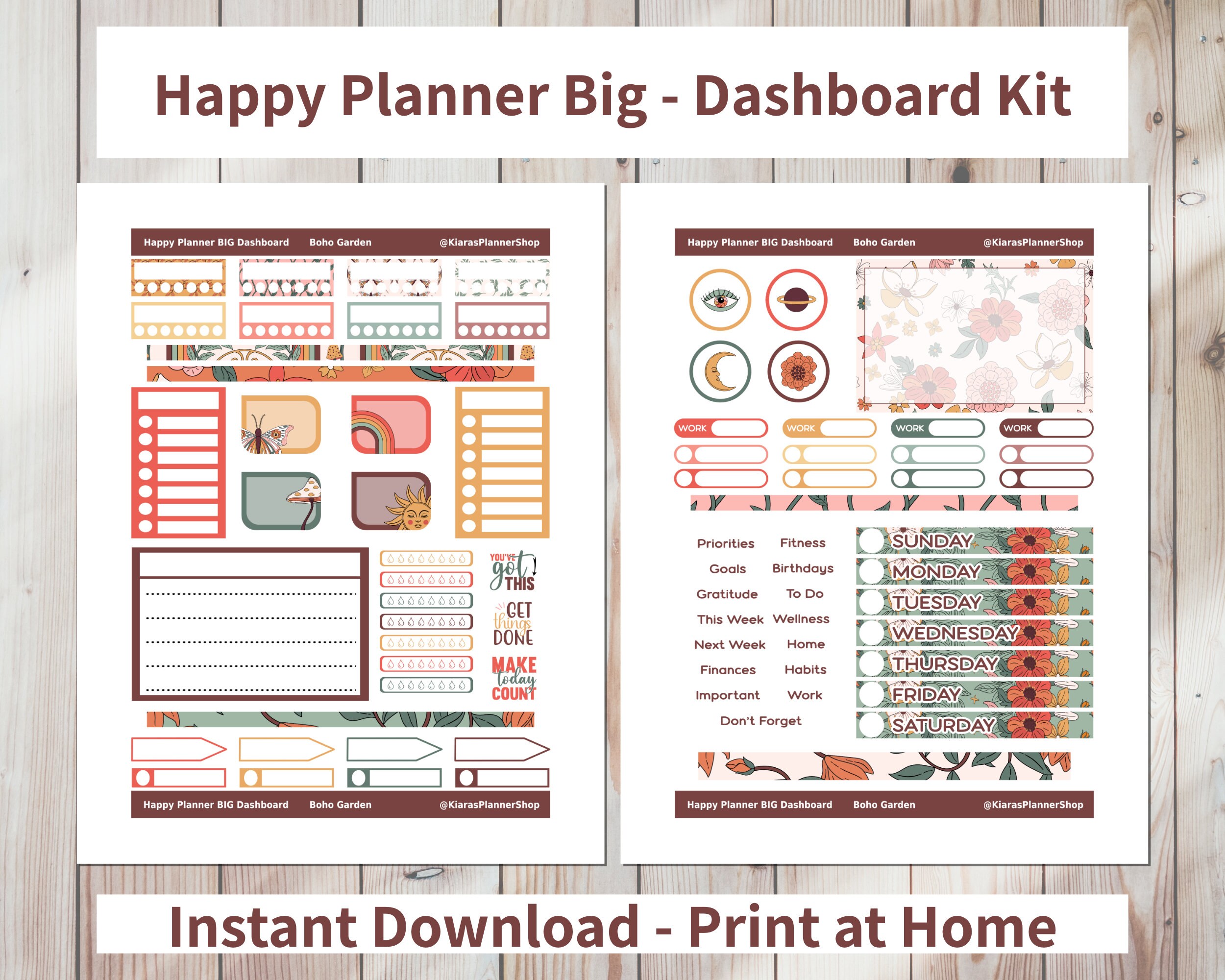 Boho Garden - Printable Weekly Dashboard Sticker Kit for Happy Planner ...
