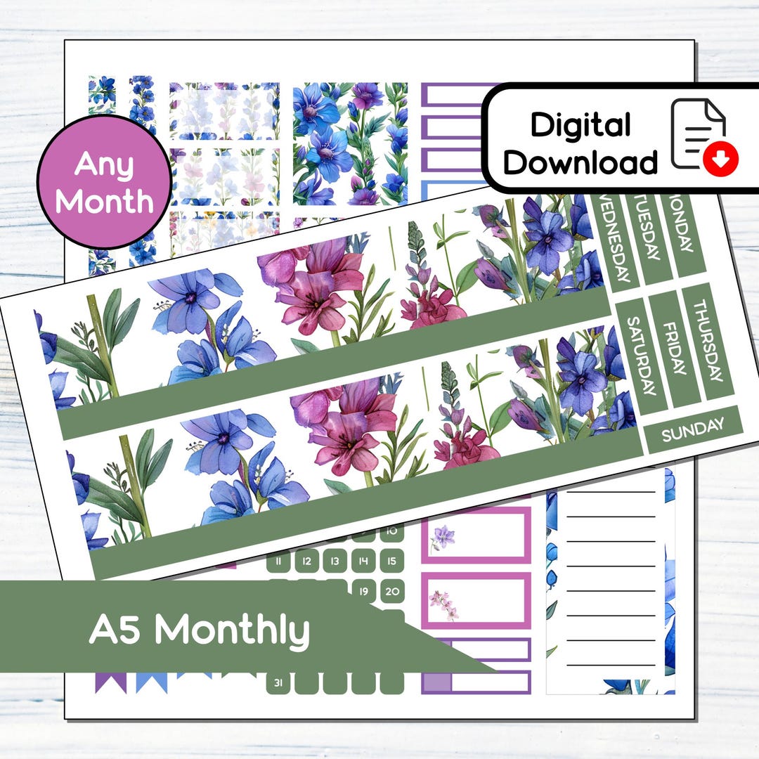 A5 Monthly - July Larkspur Printable Monthly Sticker Kit for A5planners ...