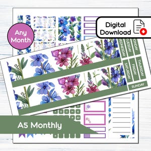 Kit de adesivos mensais para impressão A5 Monthly - julho Larkspur para planejadores A5 Erin Condren - Kit de download instantâneo BF7