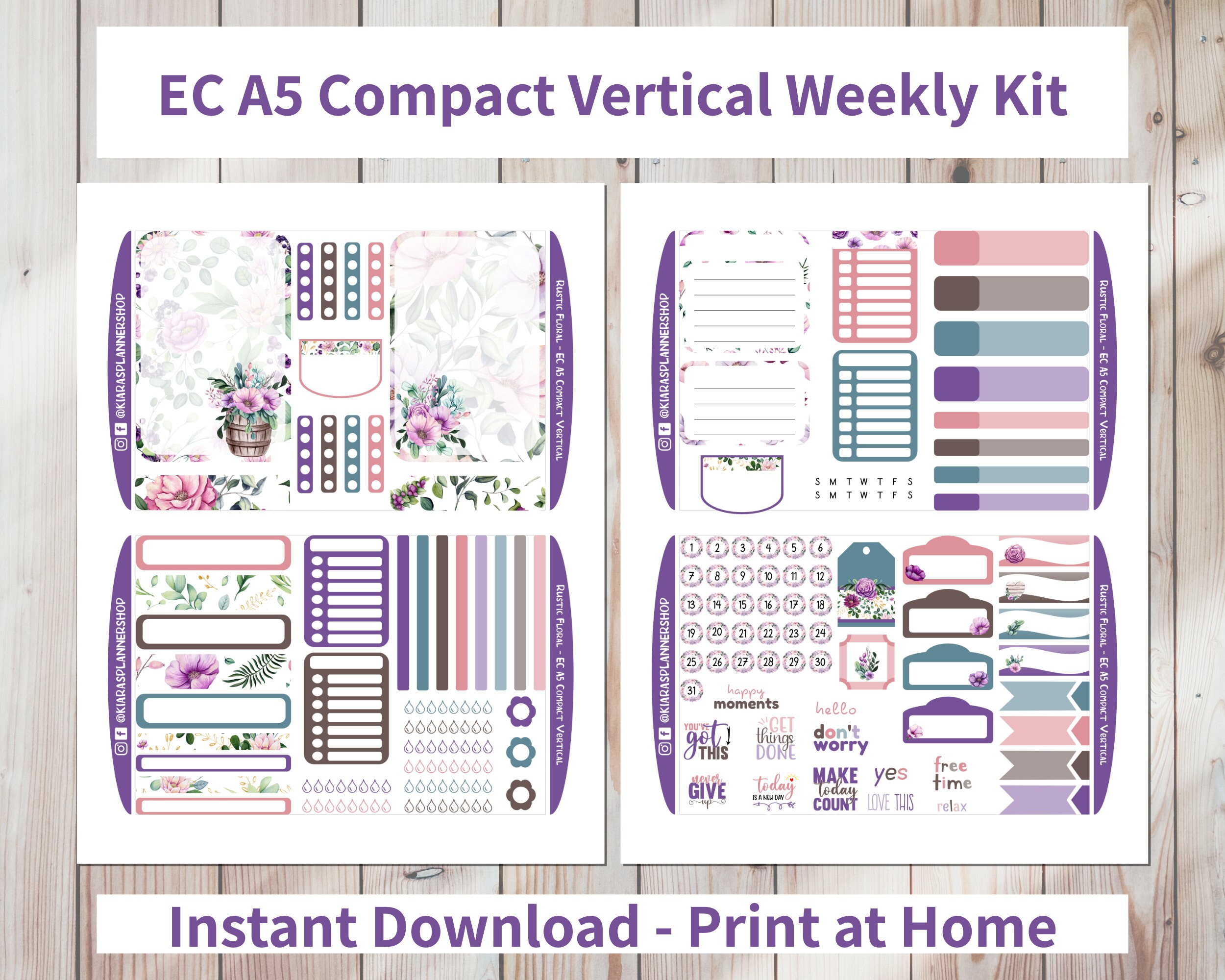 Rustic Floral - Printable Weekly Compact Vertical Sticker Kit for A5 ...