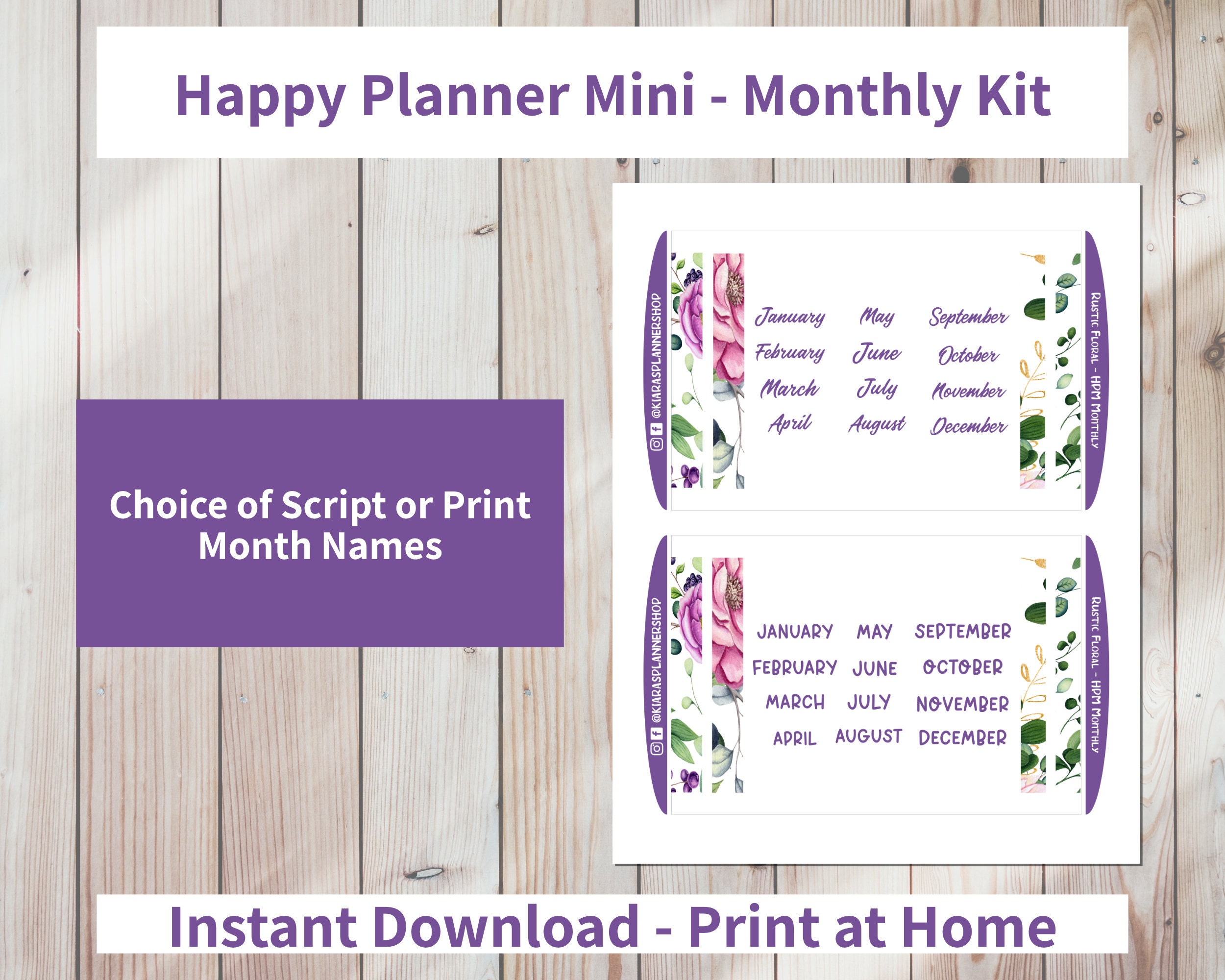 Rustic Floral - Printable Monthly Sticker Kit for Happy Planner Mini ...