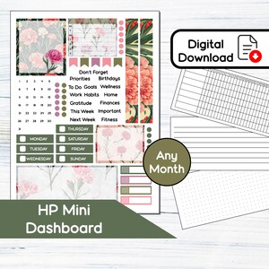 May include: Printable planner stickers with a floral theme. The stickers feature pink carnations, green leaves, and a calendar grid. The text on the stickers includes "Don't Forget", "Priorities", "Birthdays", "To Do Goals", "Wellness", "Work Habits", "Home", "Gratitude", "Finances", "This Week", "Important", "Next Week", "Fitness", "Thursday", "Monday", "Saturday", "Tuesday", "Friday", "Wednesday", "Sunday", and "HP Mini Dashboard".