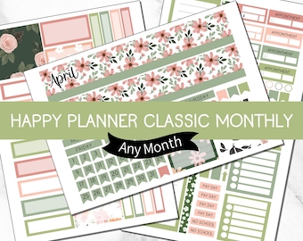 May include: A collection of planner stickers with floral and geometric designs. The stickers feature pink, green, and white colors, with text that reads "April", "Happy Planner Classic Monthly", and "Any Month".