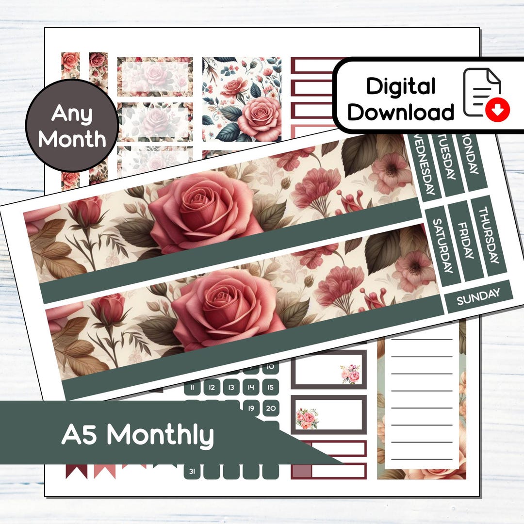 A5 Monthly - June Roses Printable Monthly Sticker Kit for A5planners ...