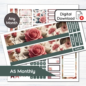 Kit de adesivos mensais para impressão A5 Monthly - June Roses para A5Planners Erin Condren - Kit para download instantâneo BF6
