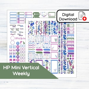 May include: A digital download sheet of planner stickers with a floral theme. The stickers include boxes, labels, and decorative elements in shades of blue, purple, and green. Text includes "planning", "bills", "time", "HP Mini Vertical Weekly", and "Digital Download".