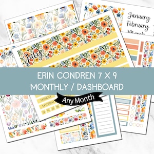 Könnte beinhalten: Eine Sammlung von Planer-Aufklebern und Dashboard-Einsätzen mit floralem Thema. Die Designs zeigen Aquarellblumen in verschiedenen Farben, darunter Gelb, Orange und Blau. Der Text "July" ist sichtbar, zusammen mit "Erin Condren 7 x 9 Monthly/Dashboard" und "Any Month".