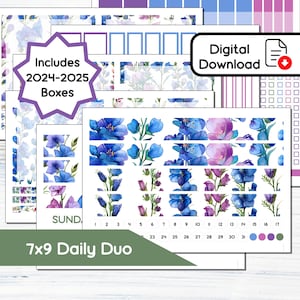 May include: Digital download of planner stickers with watercolor floral designs in blue and purple. Includes boxes for 2024-2025, and a 7x9 Daily Duo layout. The image also features the text "Digital Download".