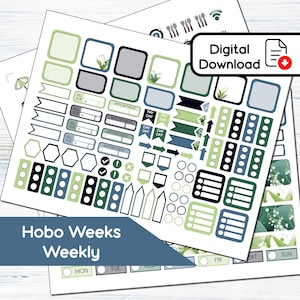 Puede incluir: Una hoja de pegatinas imprimibles para una agenda o un diario. Las pegatinas son en tonos de verde, azul y negro con contornos blancos. Las pegatinas incluyen varias formas, como círculos, cuadrados y flechas. Las pegatinas también incluyen texto como "Factura vencida", "Cita" y "Día libre".