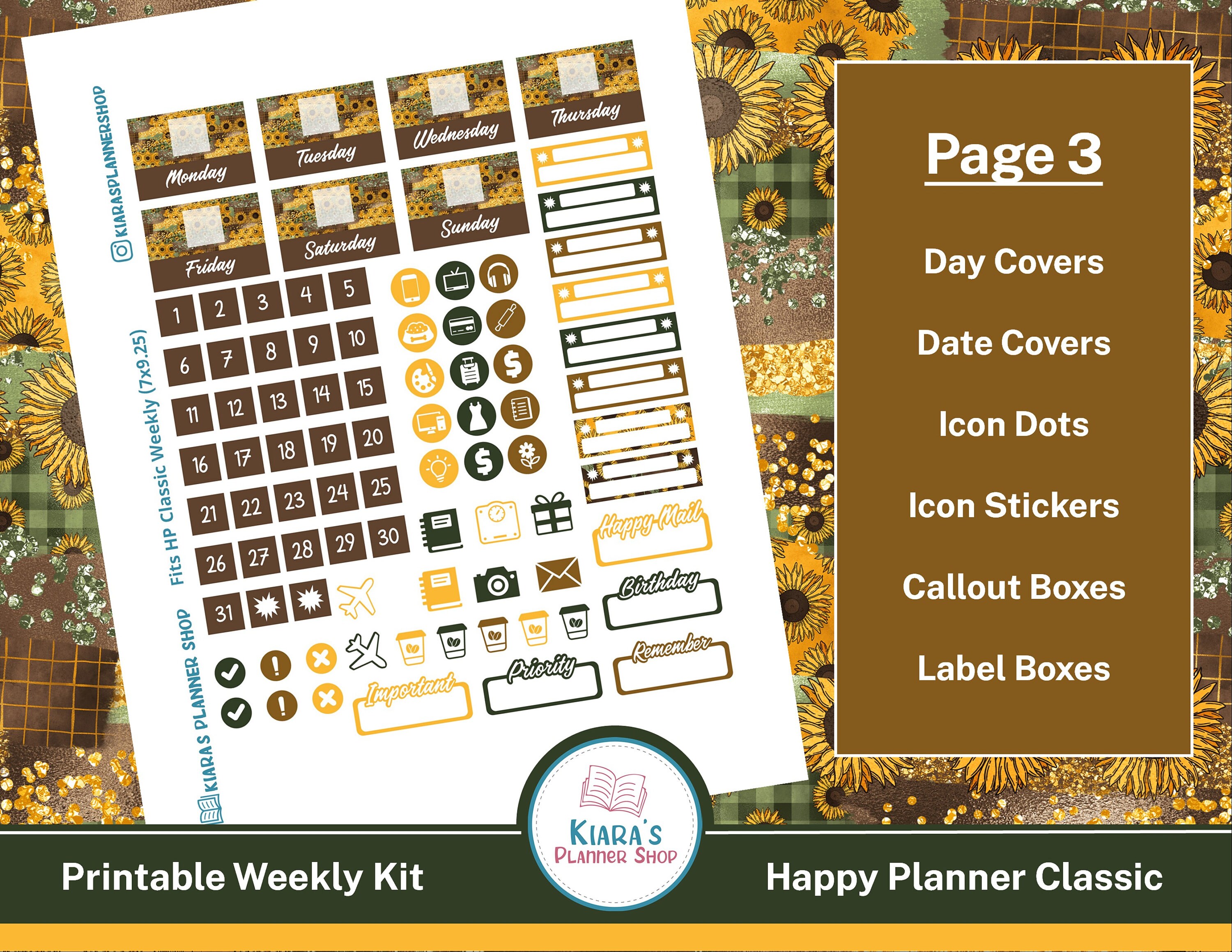 Sunflowers Printable Weekly Sticker Kit for Happy Planner - Etsy