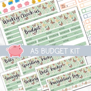 May include: A5 budget kit with various financial planning pages. The pages include sections for weekly check-in, budget, bills, savings, spending tracker, debt tracker, sinking funds, and transaction log. The pages have a floral and butterfly design.