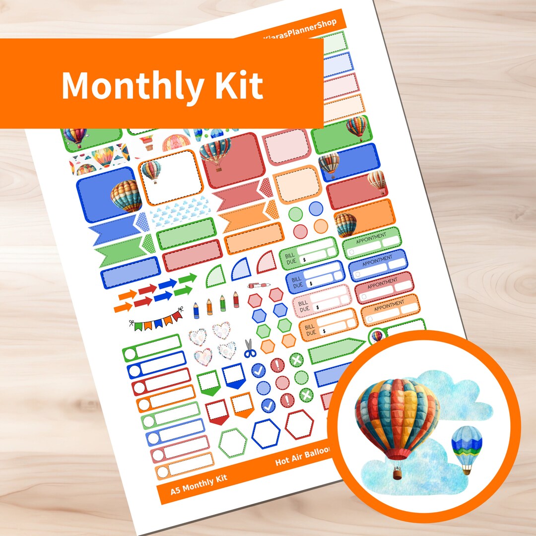Hot Air Balloons - Hobonichi Cousin A5 Printable Monthly Sticker Kit ...